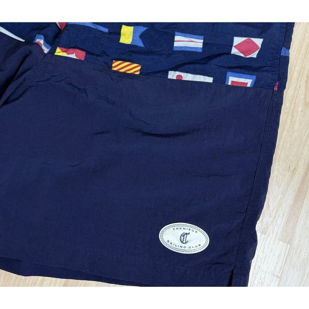 Vintage 90s Flags Graphic Swim Trunks / Shorts / Navy / Size Medium